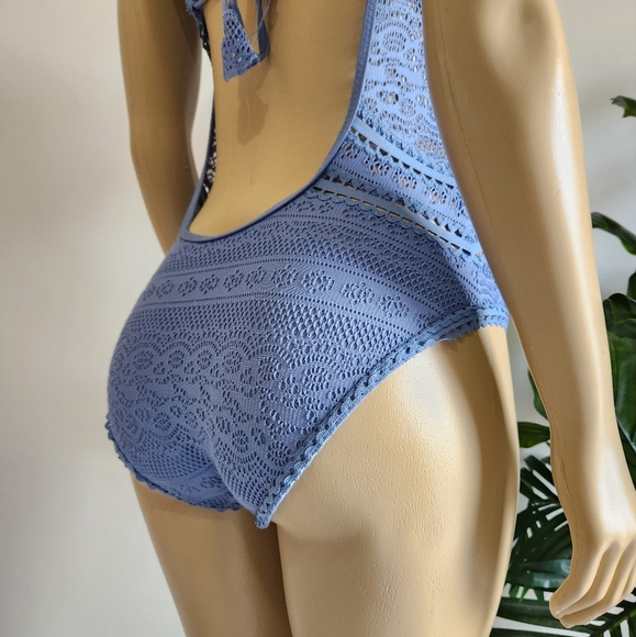 Becca High-Neck Illusion Crochet One-Piece Swimsuit Baby Blue Color Size M - Picture 6 of 11
